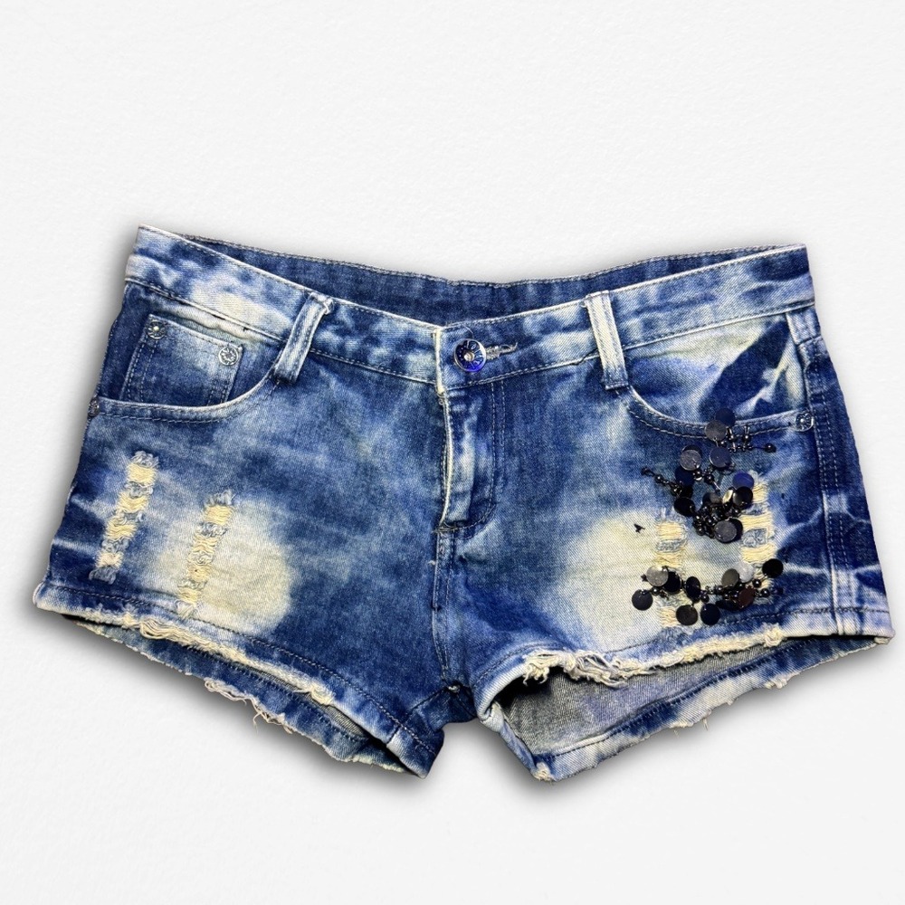 Acid Wash Distressed Denim Shorts Sequin Embellished Low Rise Cut Offs Blue